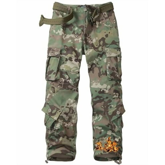 TRGPSG Men's Fleece Lined Camo Ripstop Hiking Pants Winter Outdoor Work Cargo Pants with 8 Pockets (No Belt)DQ Camo,Size 38