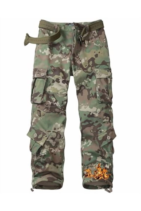 Men's Fleece Lined Camo Ripstop Hiking Pants Winter Outdoor Work Cargo Pants with 8 Pockets (No Belt)DQ Camo,Size 38
