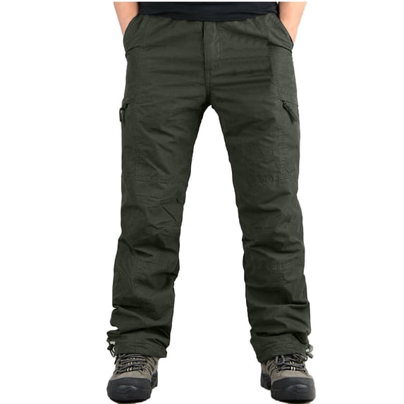 Men's Fleece Lined Cargo Pants, Warm Winter Work Pants with Multiple Utility Pockets, Elastic Waist Drawstring Trousers with Adjustable Cuffs, Casual Outdoor Hiking Pants for Hunting