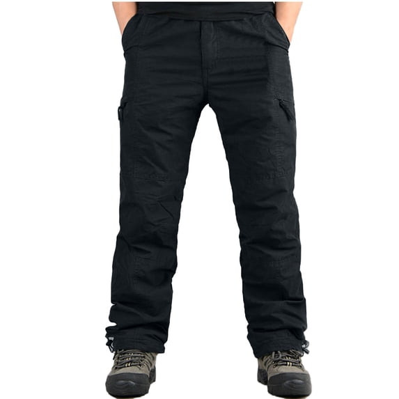 Men's Fleece Lined Cargo Pants, Warm Winter Work Pants with Multiple Utility Pockets, Elastic Waist Drawstring Trousers with Adjustable Cuffs, Casual Outdoor Hiking Pants for Hunting