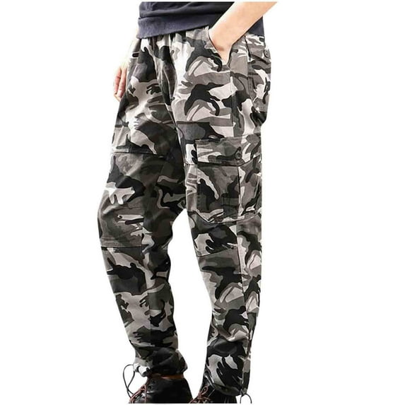 Men's Fleece Lined Cargo Pants Waterproof Straight Leg Camo Joggers Pants Outdoor Elastic Waist Loose Winter Warm Hikig Pants