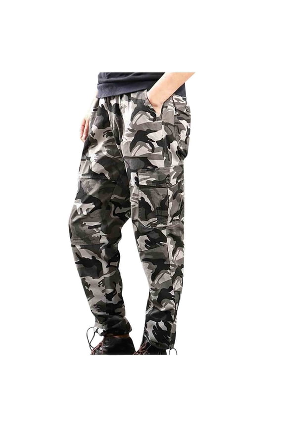 Men's Fleece Lined Cargo Pants Waterproof Straight Leg Camo Joggers Pants Outdoor Elastic Waist Loose Winter Warm Hikig Pants