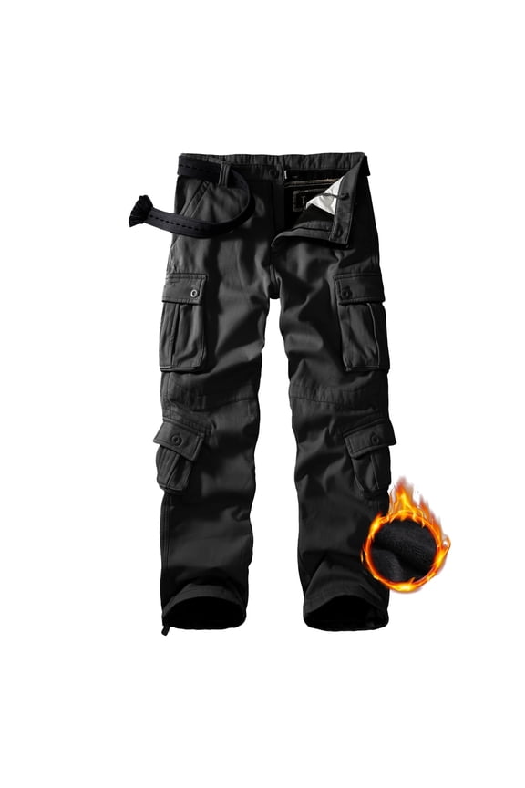 Men's Fleece Lined Cargo Pants, Winter Camo Hiking Pants Casual Work Ski Pants for Men with 8 Pockets (No Belt)Black,Size 40