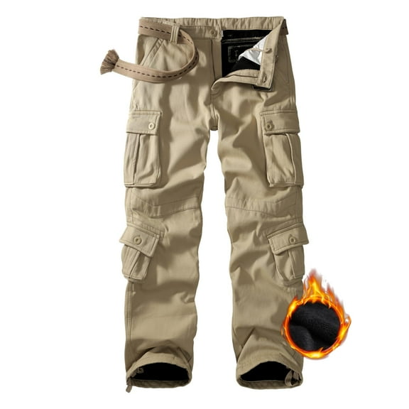 Men's Fleece Lined Cargo Pants, Winter Camo Hiking Pants Casual Work Ski Pants for Men with 8 Pockets (No Belt)Khaki,Size 36