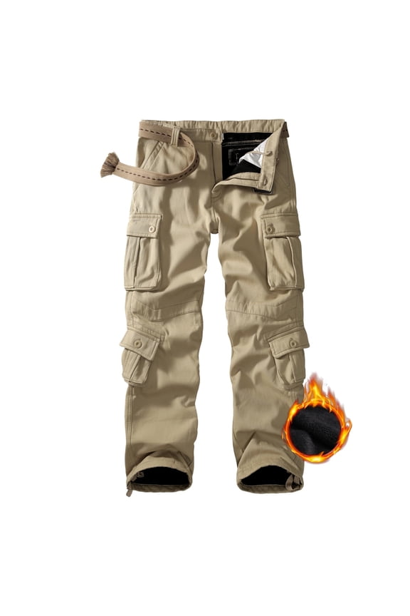 Men's Fleece Lined Cargo Pants, Winter Camo Hiking Pants Casual Work Ski Pants for Men with 8 Pockets (No Belt)Khaki,Size 36