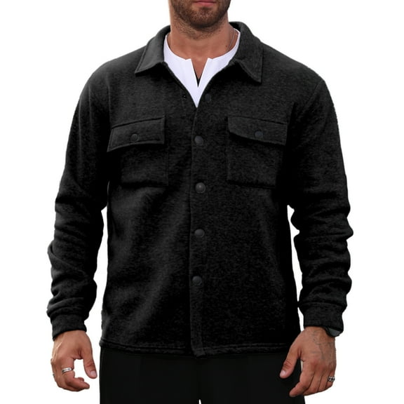 Men's Fleece-Lined Collared Casual Coat, Plain Design for Winter Comfort and Daily Errands in Cold Weather,Black,L