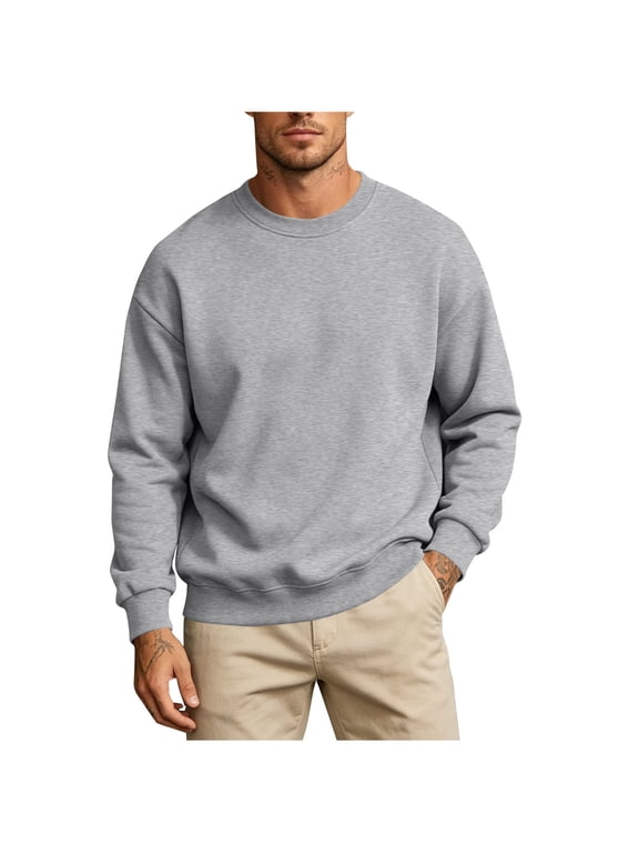 Men's Fleece Lined Crew Neck Sweatshirt, Heavyweight Solid Color Pullover Top, Warm Long Sleeve No-Hood Jumper, Casual Winter Fall Basic Hoodie for Cold Weather