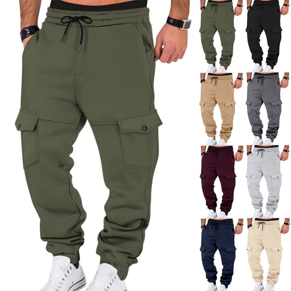 Men's Fleece-Lined Elastic Waist Drawstring Cargo Athletic Joggers - Loose Fit Multi-Pocket Tapered Leg Winter Workouts Pants for Casual & Outdoor Wear,Black,S
