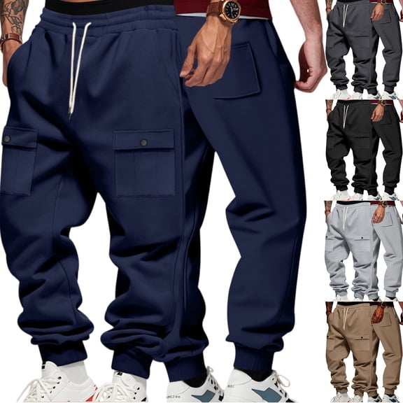 Men's Fleece-Lined Elastic Waist Drawstring Cargo Athletic Joggers - Loose Fit Multi-Pocket Tapered Leg Winter Workouts Pants for Casual & Outdoor Wear,Black,3XL