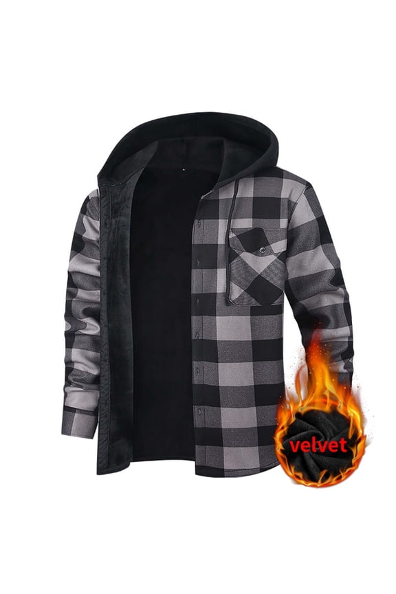 Men's Fleece Lined Flannel Hoodie Plaid Shacket Heavyweight Thermal Warm Button Down Shirt Jacket Coat with Flap Chest Pockets for Fall Winter, Gray, XXL