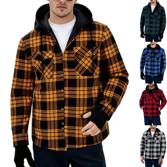 Men's Fleece Lined Flannel Plaid Hooded Shirt Jacket Heavyweight Warm Shacket Coat Cozy Winter Layering Tops with Pockets for Christmas Gift, Orange, XL