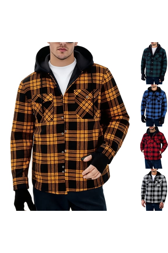 Men's Fleece Lined Flannel Plaid Hooded Shirt Jacket Heavyweight Warm Shacket Coat Cozy Winter Layering Tops with Pockets for Christmas Gift, Orange, XL