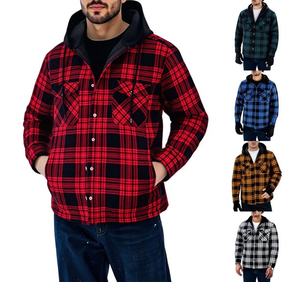 Men's Fleece Lined Flannel Plaid Hooded Shirt Jacket Heavyweight Warm Shacket Coat Cozy Winter Layering Tops with Pockets for Christmas Gift, Red, XL