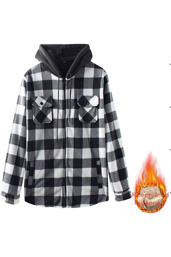 Men's Fleece Lined Flannel Shacket Hooded Plaid Shirt Jacket Heavyweight Full Zip Warm Workwear Outerwear with Pockets for Fall Winter Outdoor, Black, XXL