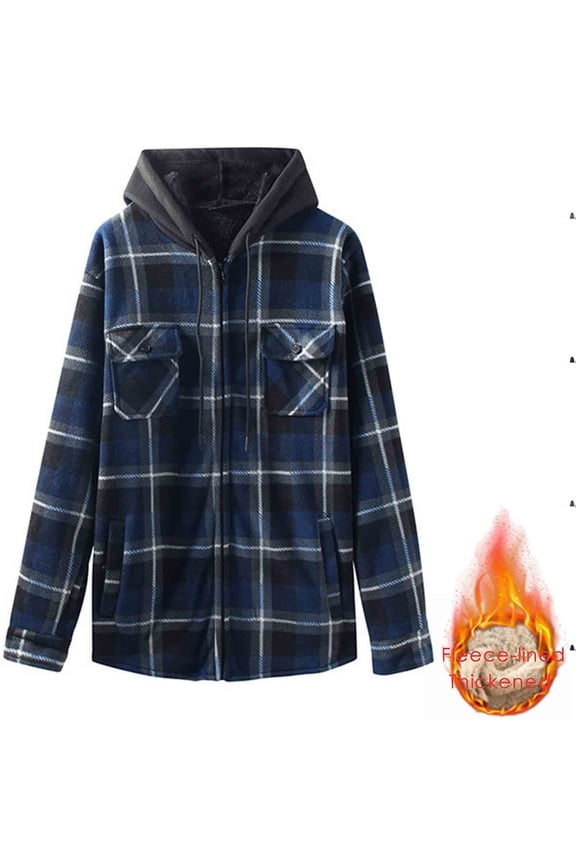 Men's Fleece Lined Flannel Shacket Hooded Plaid Shirt Jacket Heavyweight Full Zip Warm Workwear Outerwear with Pockets for Fall Winter Outdoor, Blue, M