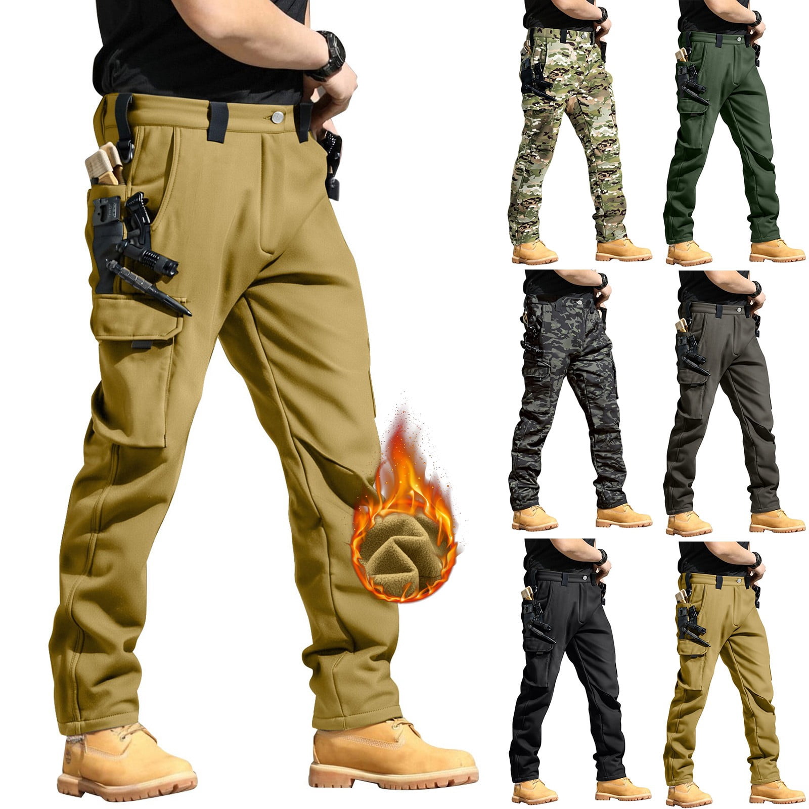 Men's Fleece Lined Hiking Cargo Pants - Winter Insulated Tactical ...