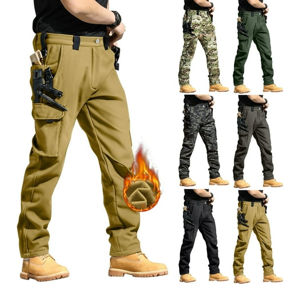 Men's Fleece Lined Hiking Cargo Pants - Winter Insulated Tactical Warming Trousers, Snow Ski Safari Pants with Deep Utility Pockets (No Belt Included) Green L