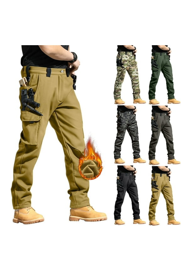Men's Fleece Lined Hiking Cargo Pants - Winter Insulated Tactical Warming Trousers, Snow Ski Safari Pants with Deep Utility Pockets (No Belt Included) Green S