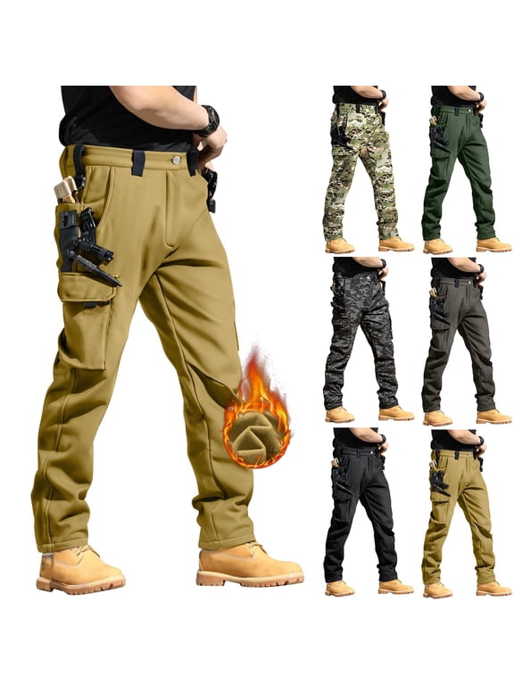 Men's Fleece Lined Hiking Cargo Pants - Winter Insulated Tactical Warming Trousers, Snow Ski Safari Pants with Deep Utility Pockets (No Belt Included) Khaki L