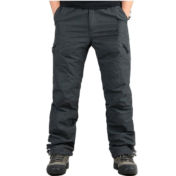 Men's Fleece Lined Hiking Pants Ski Pants Cotton Ripstop Winter Outdoor Work Cargo Pants with Zipper Pockets Gray