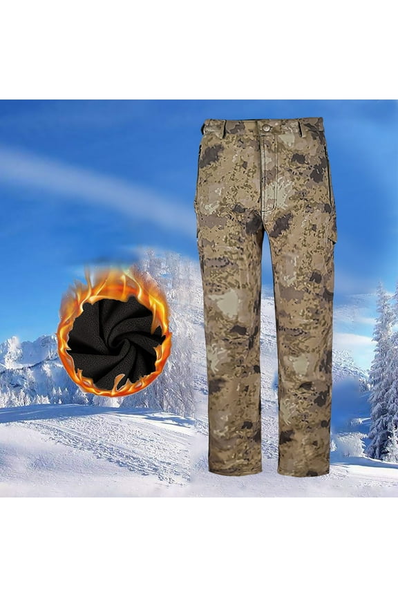 Men’s Fleece Lined Hiking Pants Winter Thermal Outdoor Cargo Pants with Multi Pockets Khaki XL
