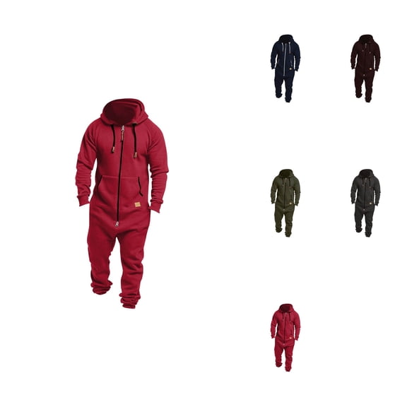 Men's Fleece Lined Hooded Jumpsuit, Insulated Zip Up, Pure Color Splicing, Casual One Piece Pajamas, Autumn Winter