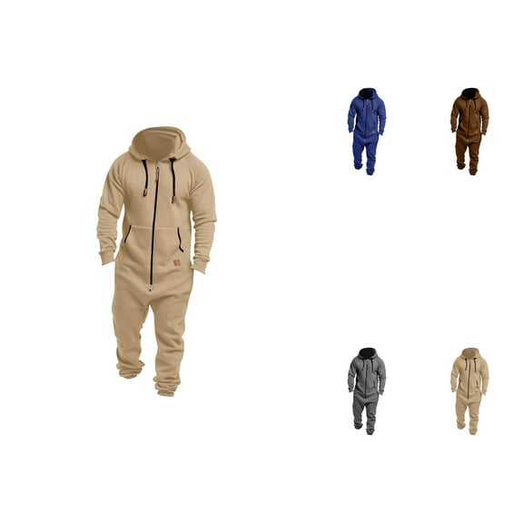 Men's Fleece Lined Hooded Jumpsuit, Zip Up One Piece, Pure Color, Splicing Casual