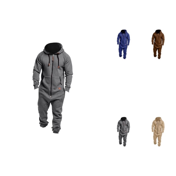 Men's Fleece Lined Hooded Jumpsuit, Zip Up One Piece, Pure Color, Splicing Casual