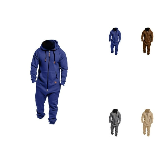Men's Fleece Lined Hooded Jumpsuit, Zip Up One Piece, Pure Color, Splicing Casual