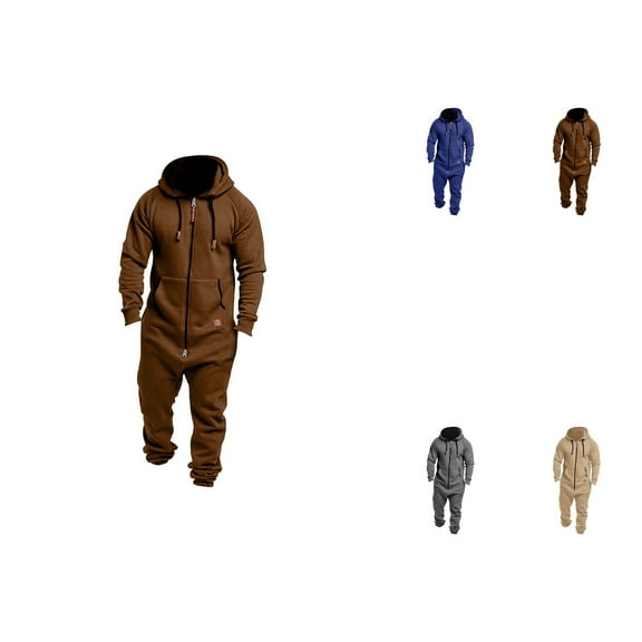 Men's Fleece Lined Hooded Jumpsuit, Zip Up One Piece, Pure Color, Splicing Casual