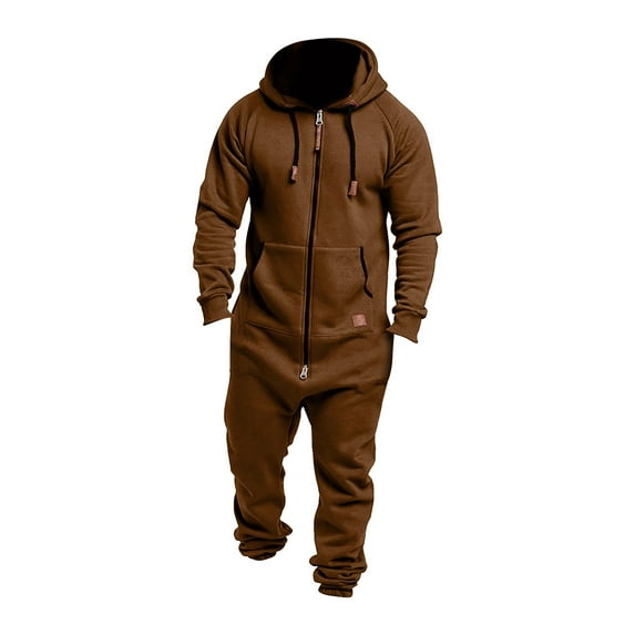 Men's -Lined Hooded Zip-Up Jumpsuit, Spliced Solid Color Casual One-Piece Sweatsuit for Autumn Winter