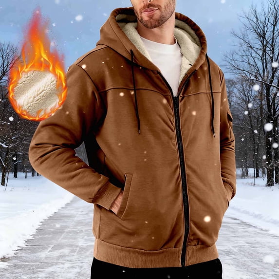 Men's Fleece Lined Hoodie Heavyweight Zip up Windproof Jacket Thermal Long Sleeve Hooded Sweatshirt with Pockets New Plus Size Jackets for Men Brown 3XL