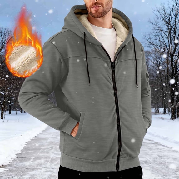 Men's Fleece Lined Hoodie Heavyweight Zip up Windproof Jacket Thermal Long Sleeve Hooded Sweatshirt with Pockets New Winter Oversized Outerwear Jackets Gray XL
