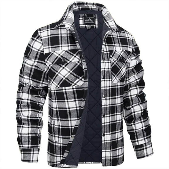 Men's Fleece Lined Jacket Long Sleeve Button Down Plaid Coats Fall Winter Warm Shacket Fashion Outerwear with Pockets