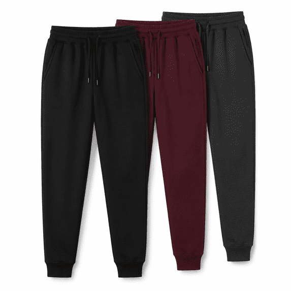 Men’s Fleece Lined Jogger Pants 3‑Pack, Warm Elastic Drawstring Sweatpants with Side Pockets for Daily Casual Wear