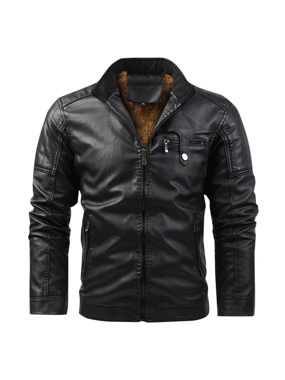 Men's Fleece Lined Leather Jacket, Stand Collar PU Faux Leather, Zip-Up Motorcycle Bomber Jacket, Slim Fit Biker Coat Outwear Multi Zipper Pockets Big and Tall Size S-5XL Black