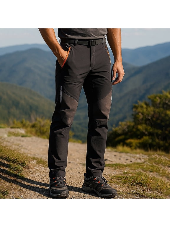 Men's Fleece Lined Outdoor Pants Elastic Waist Water Resistant Cargo Hiking Trousers Casual Straight Leg Work Pants with Pockets for All Season Wear