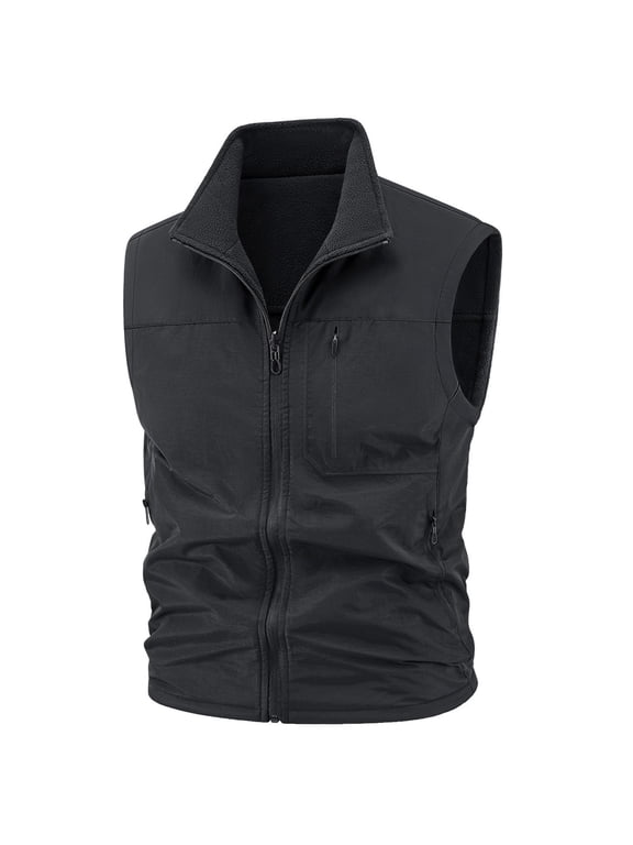 Men's Fleece Lined Outdoor Vest, Sleeveless Multi-Zip Casual Gilet, Lightweight Outer Shell, Suitable For Daily Clothing Layering, Outdoor Fishing Activities Black XXXL