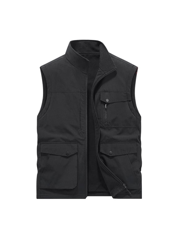 Men's Fleece Lined Outdoor Vest, Stand Collar Sleeveless Jacket, Full Zip Casual Fishing Hiking Travel Outerwear Waistcoat for Cold Weather Black XL