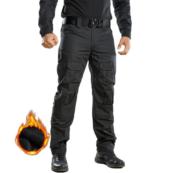 TRGPSG Men's Fleece Lined Cargo Pants, Waterproof Insulated Winter Hiking Pants, Multi-Pocket Thermal Work Pants,Black Size 36