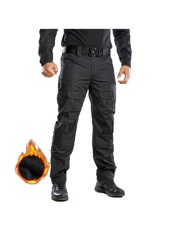Men's Fleece Lined Cargo Pants, Waterproof Insulated Winter Hiking Pants, Multi-Pocket Thermal Work Pants,Black Size 38