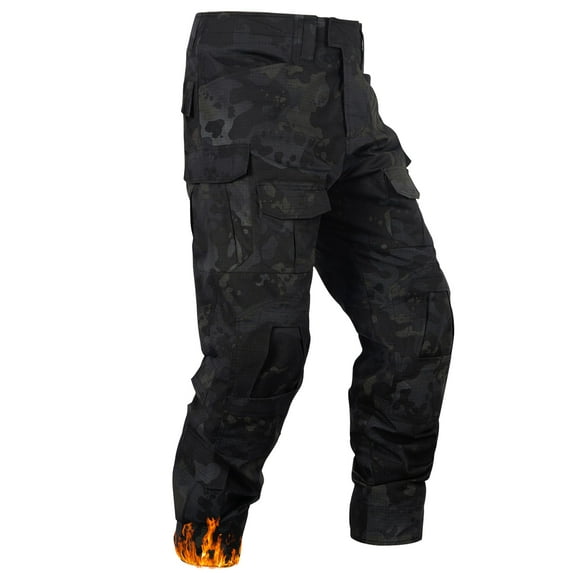 TRGPSG Men's Fleece Lined Cargo Pants, Waterproof Insulated Winter Hiking Pants, Multi-Pocket Thermal Work Pants,Dark Camo Size 30