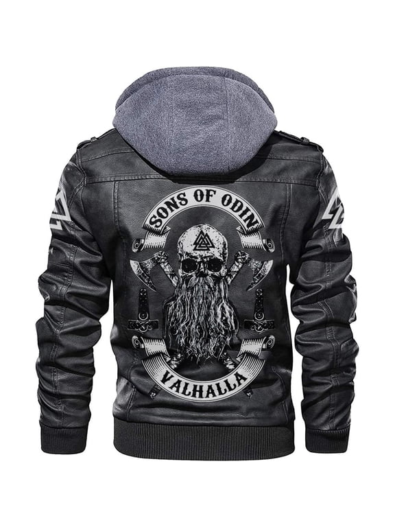 Men's Fleece Lined PU Leather Jacket with Odin's Son Pattern, Multiple Sizes for Versatile Wear