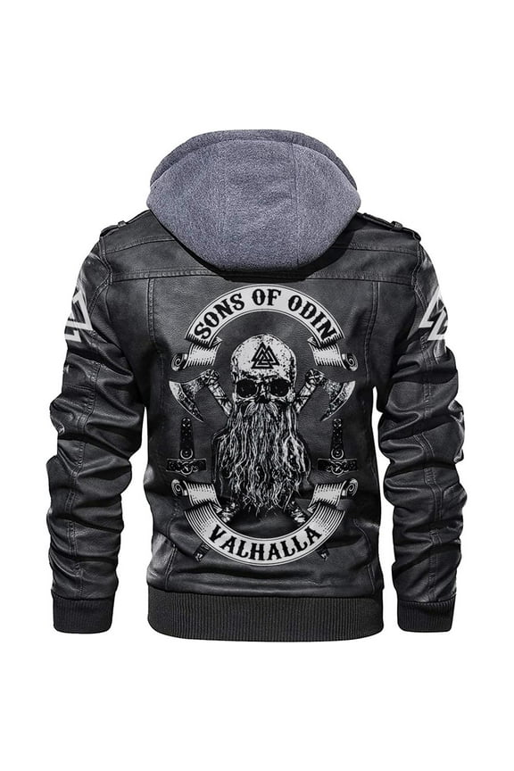 Men's Fleece Lined PU Leather Jacket with Odin's Son Pattern, Multiple Sizes for Versatile Wear