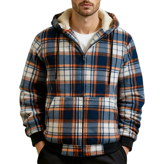 Men's Fleece Lined Plaid Hooded Jacket Full Zip Long Sleeve Overcoat with Elastic Cuffs and Pockets Multicolor S