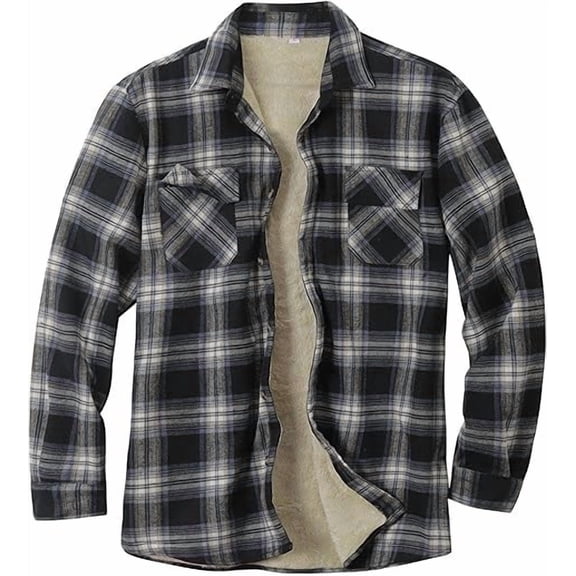 Men's Fleece-Lined Plaid Shirt Jacket Long Sleeve Button-Up Winter Coat