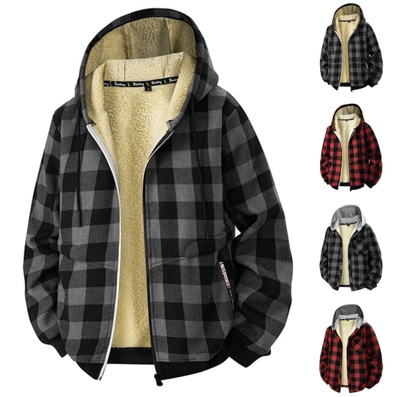 BiZtdJrK Men's Fleece Lined Plaid Shirt Jacket Long Sleeve Zip Up Sweatshirts Outdoor Warm Fleece Hoodies Fashion Clothes, Red, XXXL
