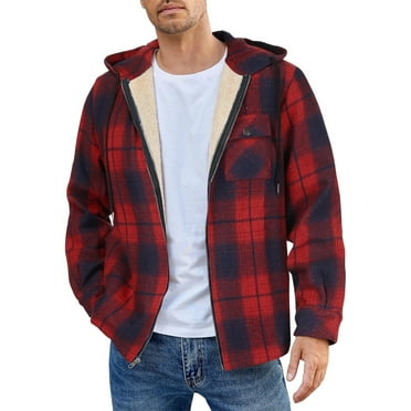 Men's Fleece-Lined Plaid Zip Hooded Jacket - Long Sleeve, Casual Retro, Red, Size M