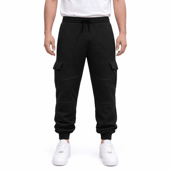 Men's Fleece Lined Polyester Jogger Pants, Stitched Multi Pocket Drawstring Cargo Athletic Sweatpants for Fall Winter