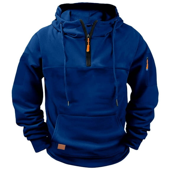 Men's Fleece-Lined Pullover Hoodie Casual Cargo Sweatshirts Quarter Zip Hoodie with Multi-Pocket Blue 3XL